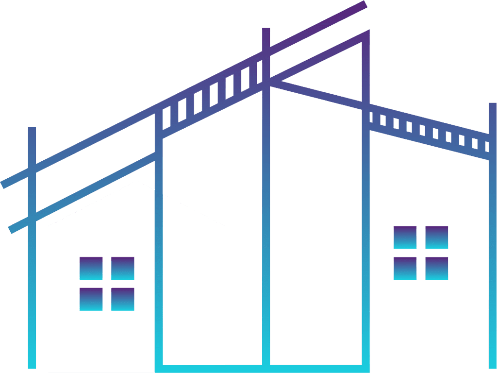 download(30) Two abstract house shapes with gradient lines and windows on a gray background.